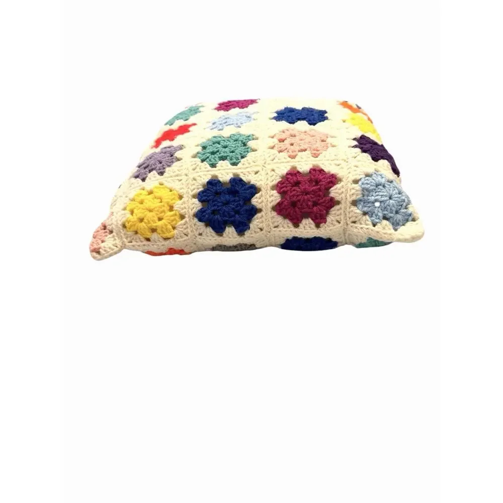 Vintage Granny Square Crochet Throw Pillow Floral Multi Colors Grannycore 16”